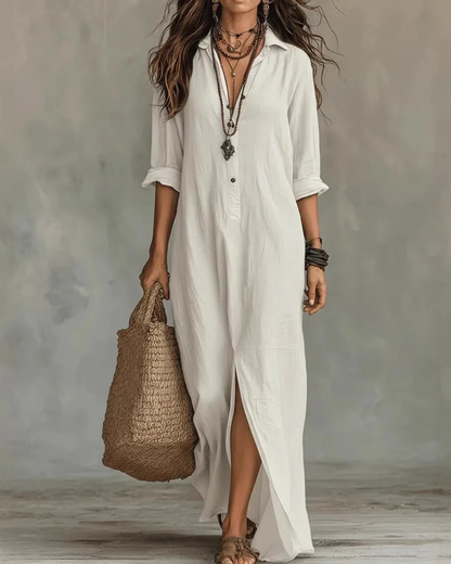 Ava Linen Shirt Dress | Soft Cotton, Ankle-Length