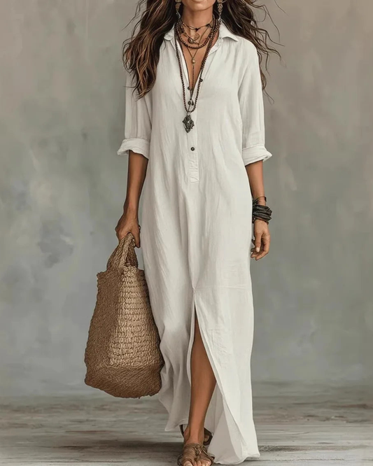 Ava Linen Shirt Dress | Soft Cotton, Ankle-Length