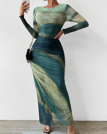 Toria Maxi Dress | Printed Bodycon, Long Sleeve
