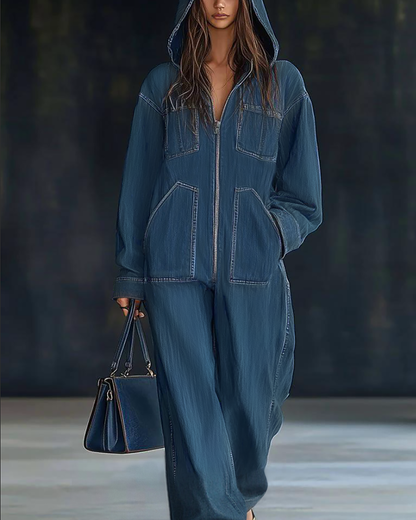 Oryza Denim Jumpsuit | Hooded, Vintage Design