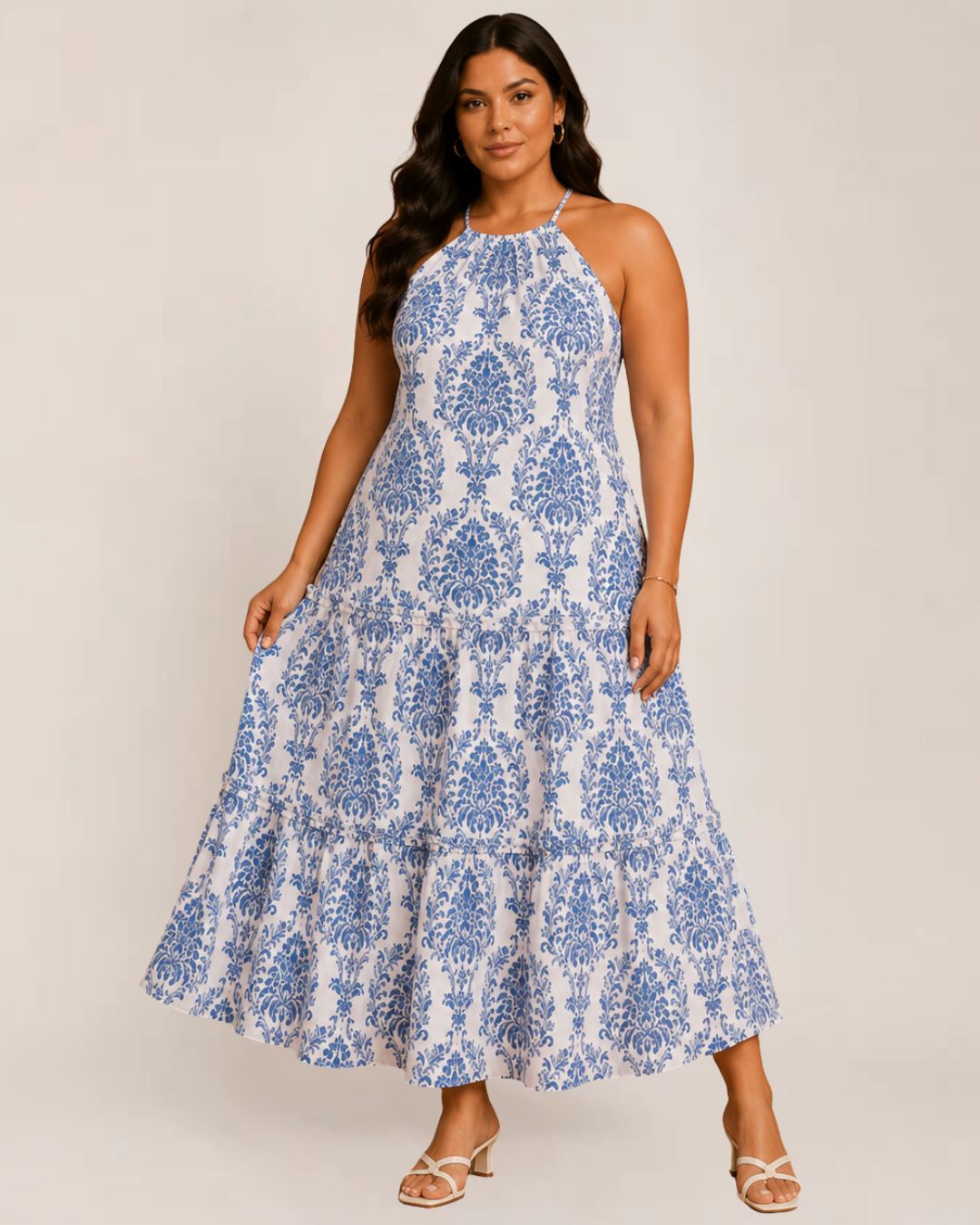 Pavona Maxi Dress | Boho Halter, Tiered Floral Long Dress for Women