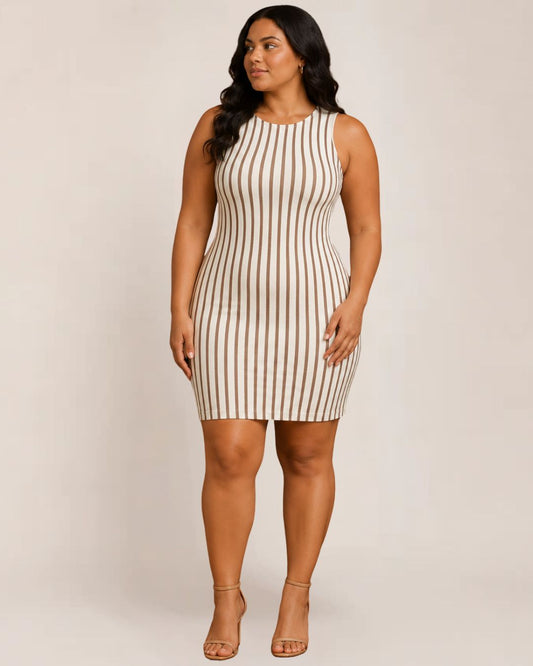 Cathy Women's Dress | Striped Brown Sleeveless Summer Style, Plus Size Available