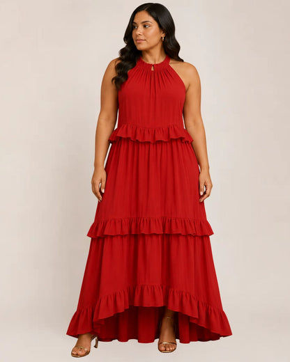 Chic Cherry Dress | Tiered Ruffle Maxi Summer Dress for Wedding Guests, Plus Size Available