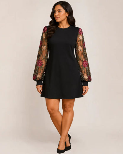 Fleur Black Dress | Floral Embroidery, Bishop Sleeves