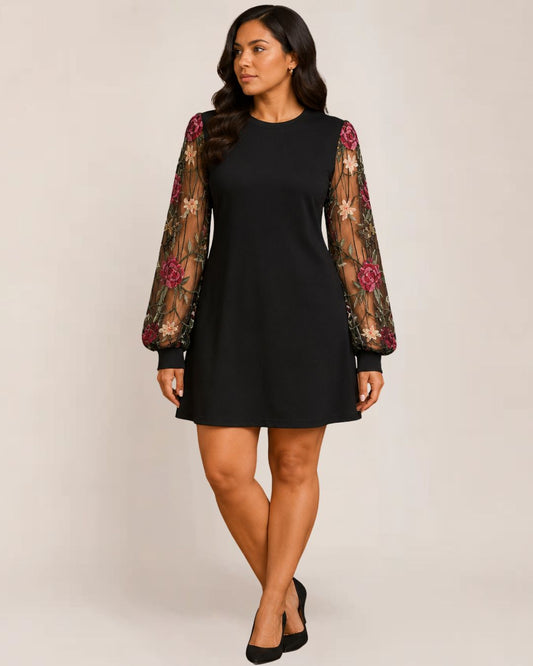 Fleur Black Dress | Floral Embroidery, Bishop Sleeves