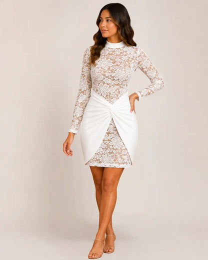 Mira Bodycon Dress | Elegant Lace Long Sleeve, Perfect for Wedding Guests and Cocktail Parties