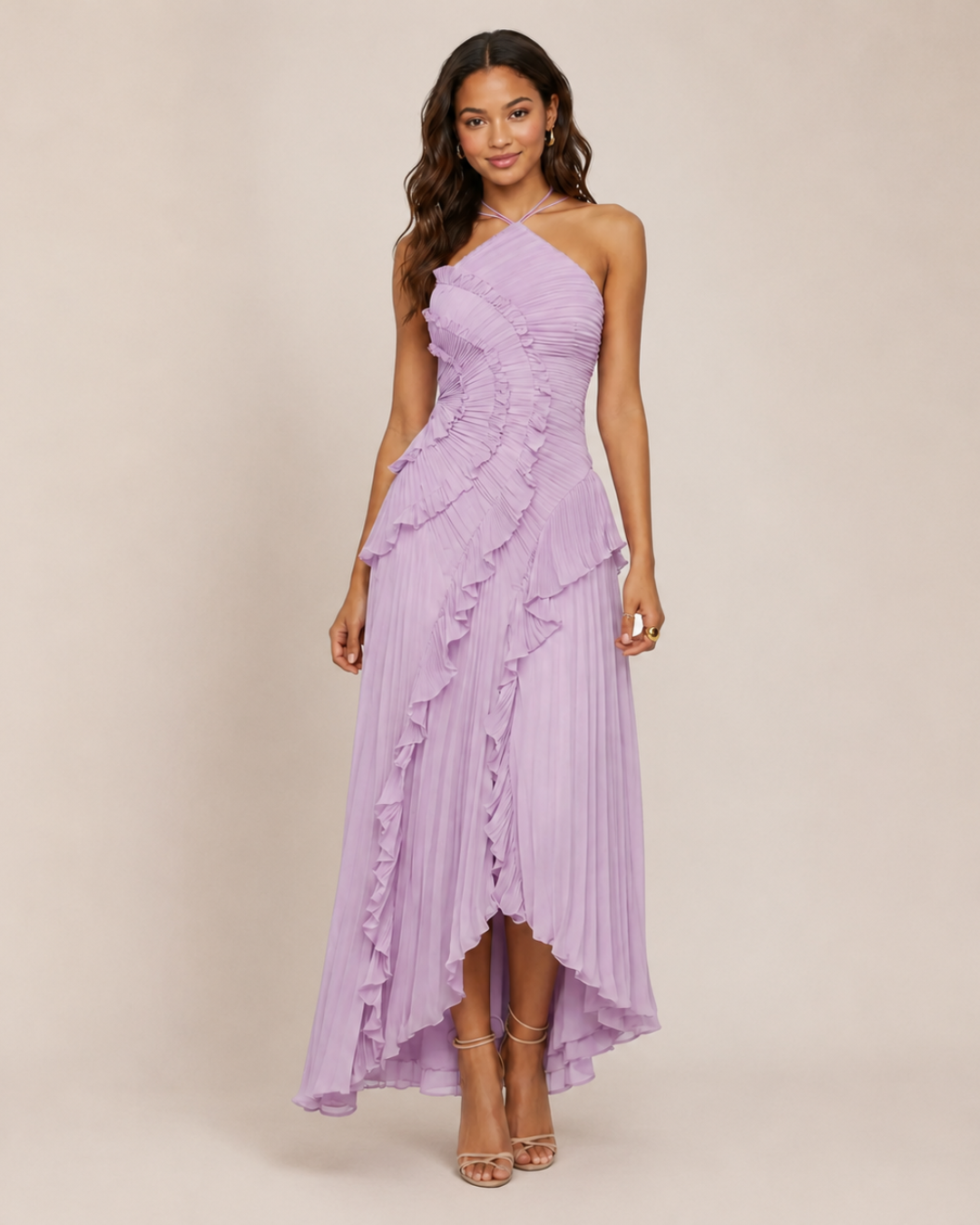 Ayla Ruffle Halter Dress | A-Line, Elegant Wedding Guest or Cocktail Dress
