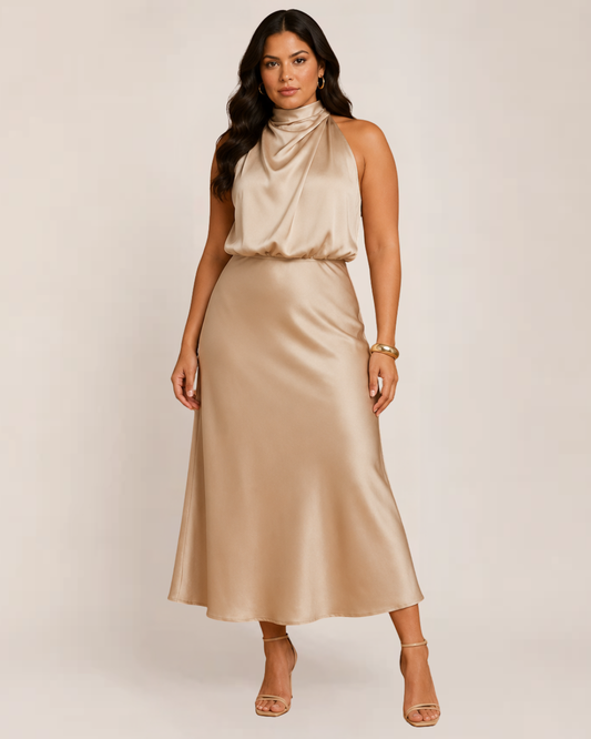 Elysia Evening Dress | Satin Halter, Flattering Fit for Formal Wedding Guest