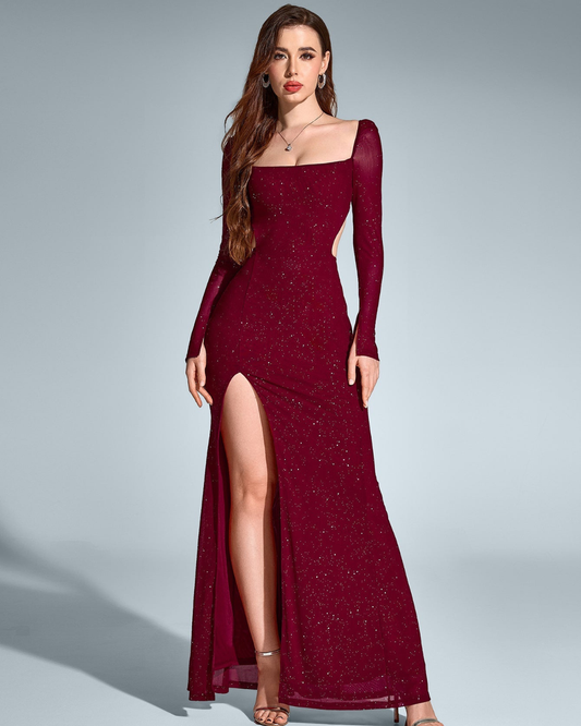 Celeste Maxi Dress | Long Sleeve, Backless, Sparkly Sequin