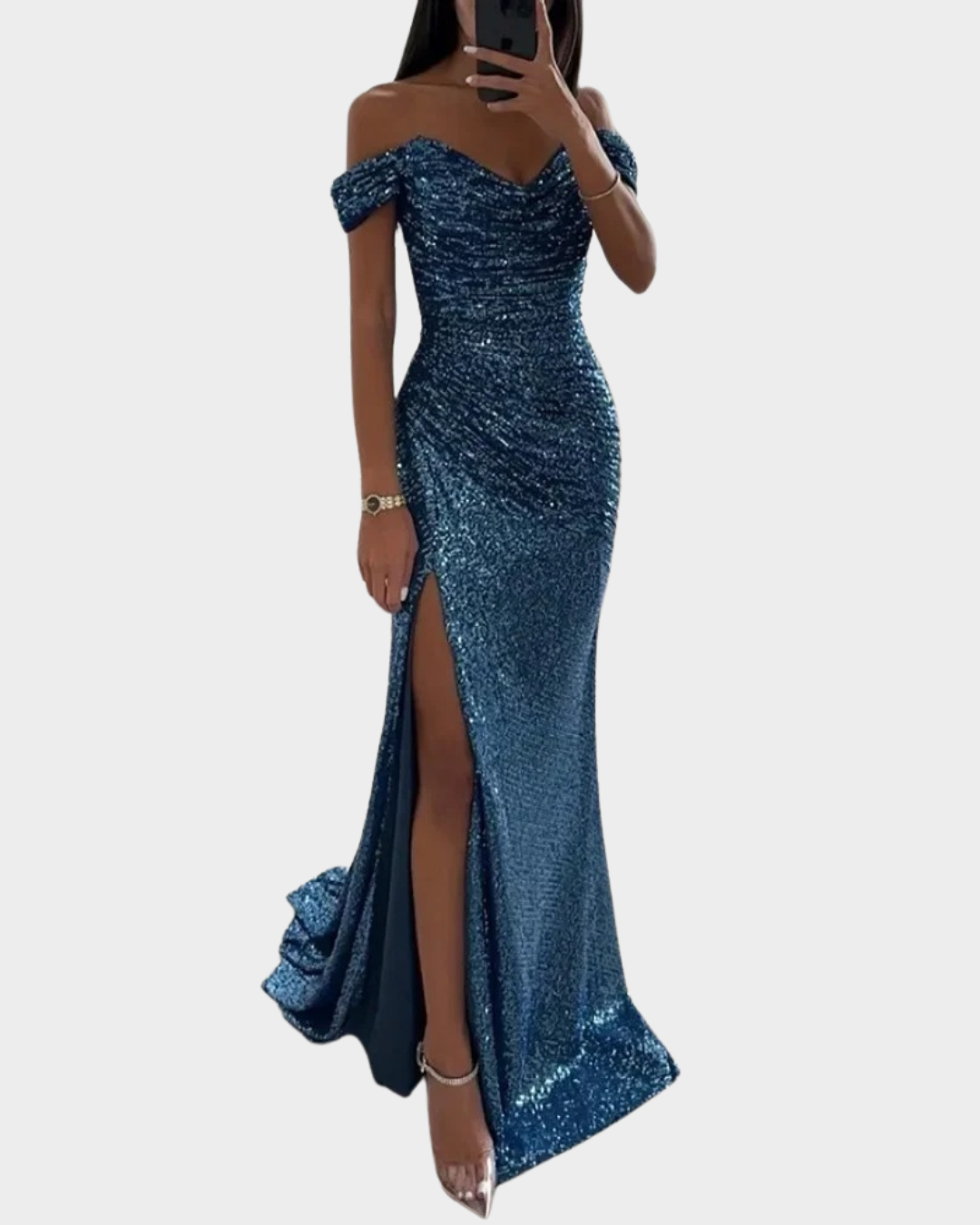 Ivory Evening Dress | Open Shoulder, Sequined, Front Slit