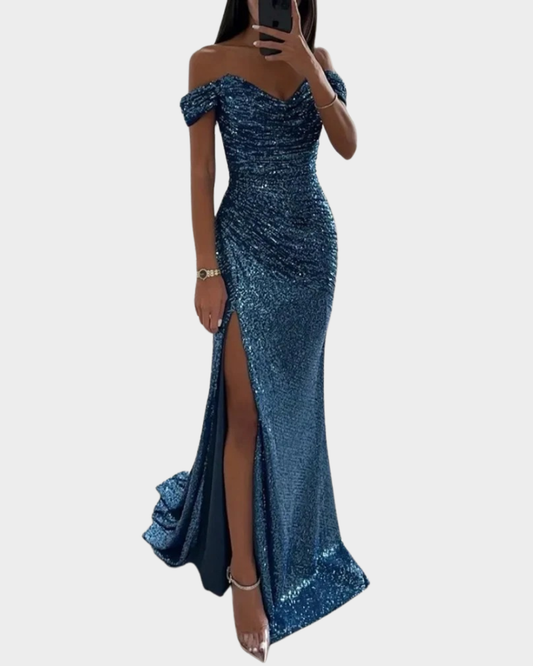 Ivory Evening Dress | Open Shoulder, Sequined, Front Slit
