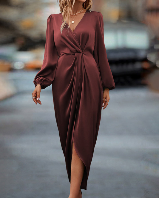 Kira Elegant Dress | A-Line, Lantern Sleeves, V-Neck, Midi Length