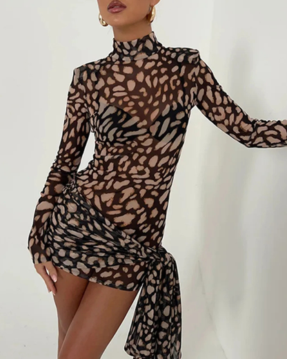 Fiona Party Dress | Mesh Leopard Print, Lace-Up Design