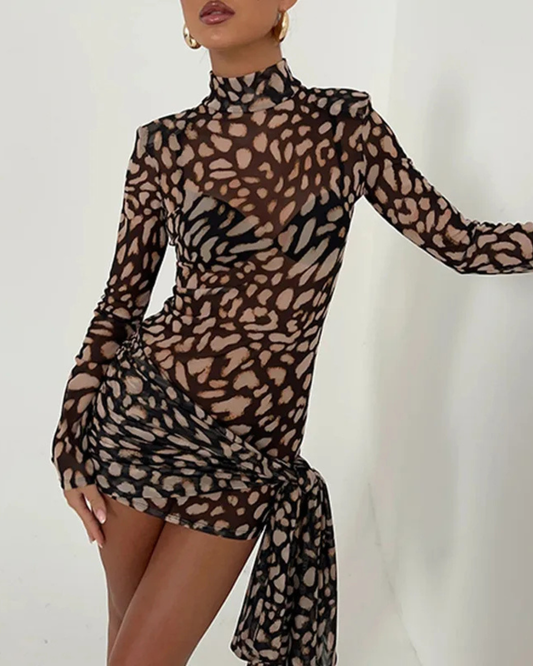 Fiona Party Dress | Mesh Leopard Print, Lace-Up Design