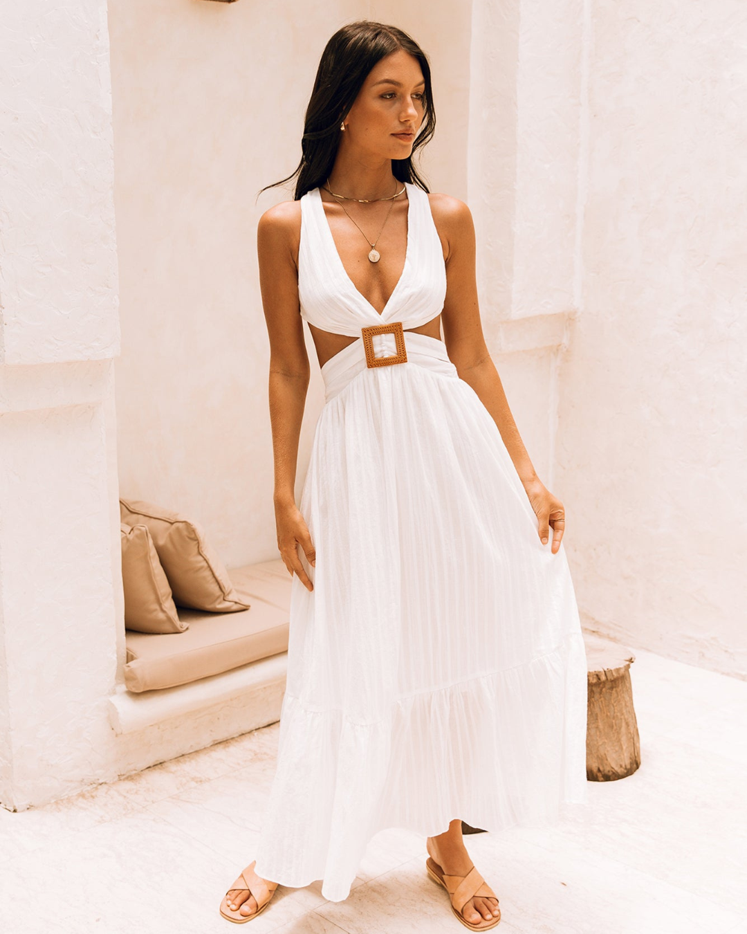 Sera Maxi Dress | Plunge Neckline, Lace-Up Back, Lightweight Cotton