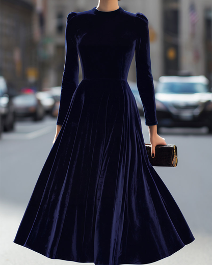 Mira Velvet Midi Dress | Fitted Bodice, Long Sleeves, Evening Formal