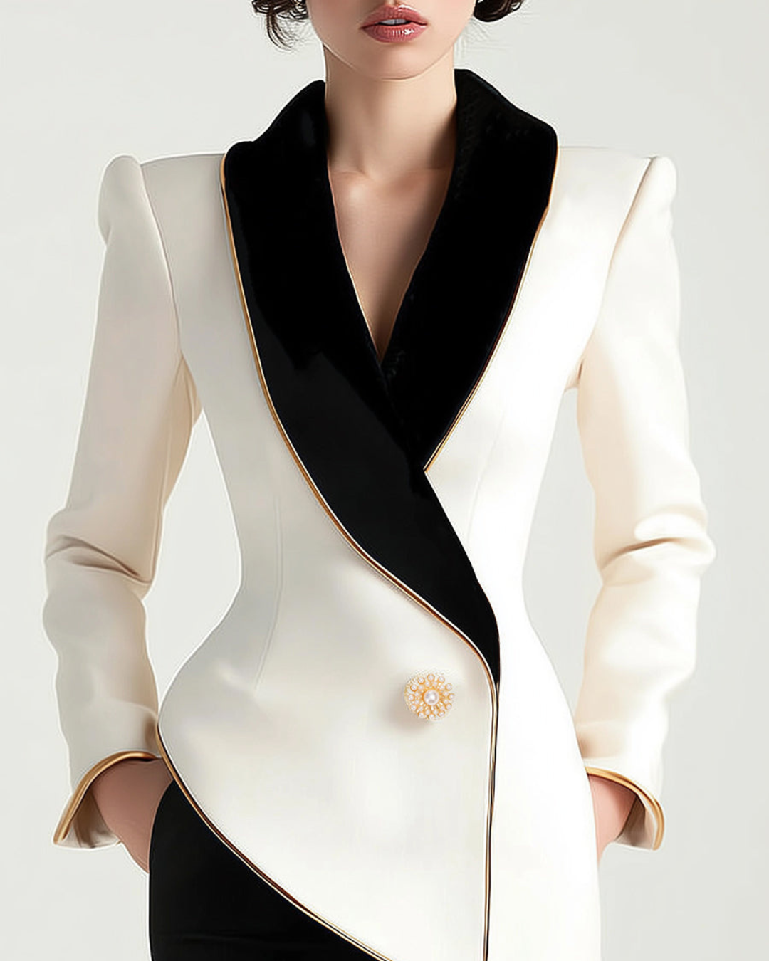 Moya Asymmetrical Blazer | Elegant White with Black Lapels, Gold Button Detail