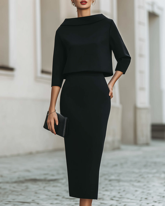 Mira Two Piece Skirt Set | Boat Neck Top with Midi Skirt, Smooth Fabric