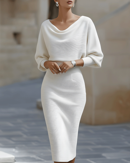 Mira Midi Dress | White Draped Cowl Neck, Batwing Sleeves, Formal Style