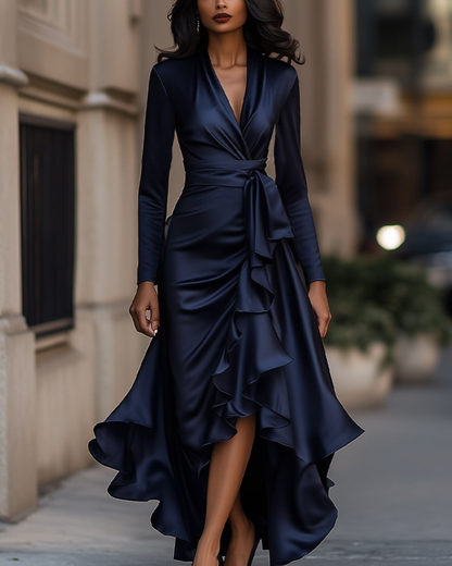 Mira Maxi Dress | Satin Long Sleeve with Ruffle Hem