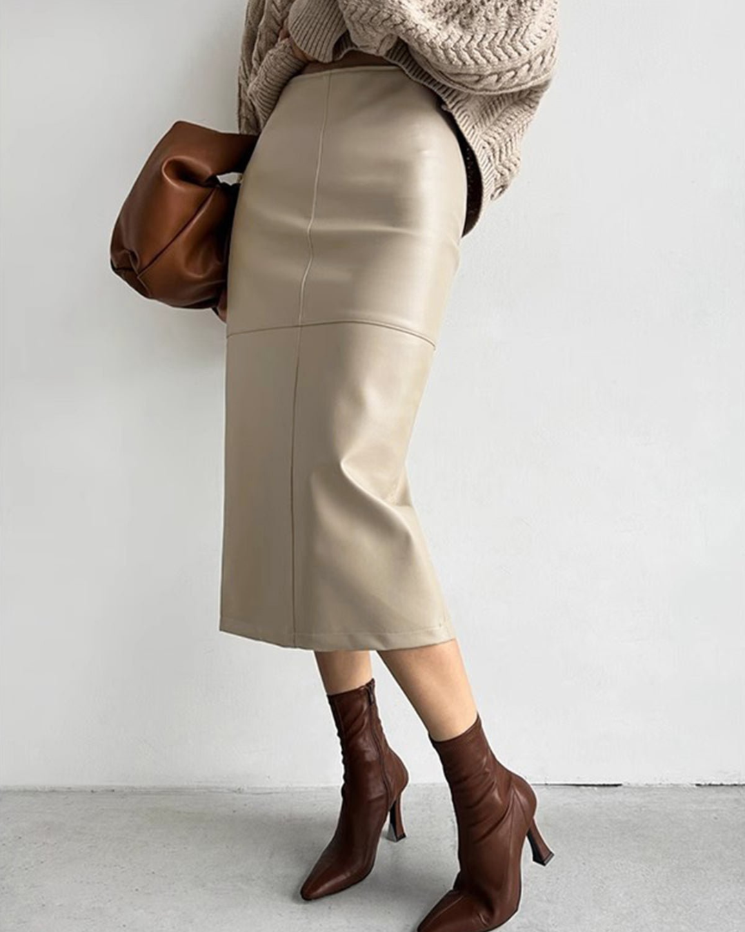 Pura Faux Leather Midi Skirt | High-Waist, Piped Hem, Elegant Slit