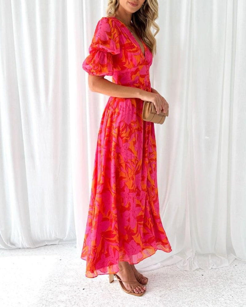 Viva Maxi Dress | Floral Print, Puff Sleeves, V-Neck, Long Length 2
