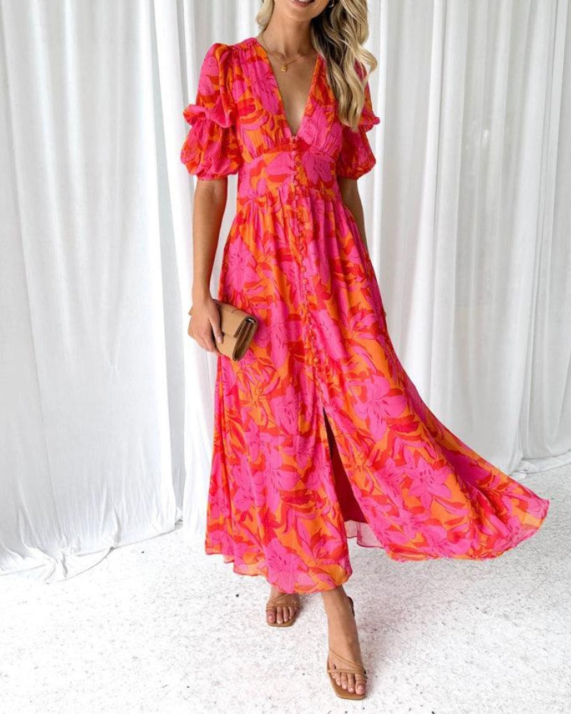Viva Maxi Dress | Floral Print, Puff Sleeves, V-Neck, Long Length 4