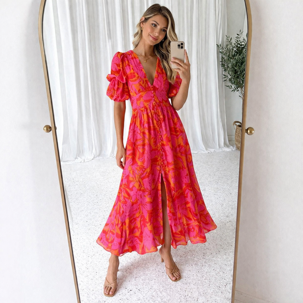Viva Maxi Dress | Floral Print, Puff Sleeves, V-Neck, Long Length 5