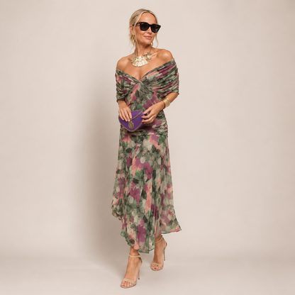 Wendy Summer Dress | V-Neck, Open Shoulder, Printed Mesh