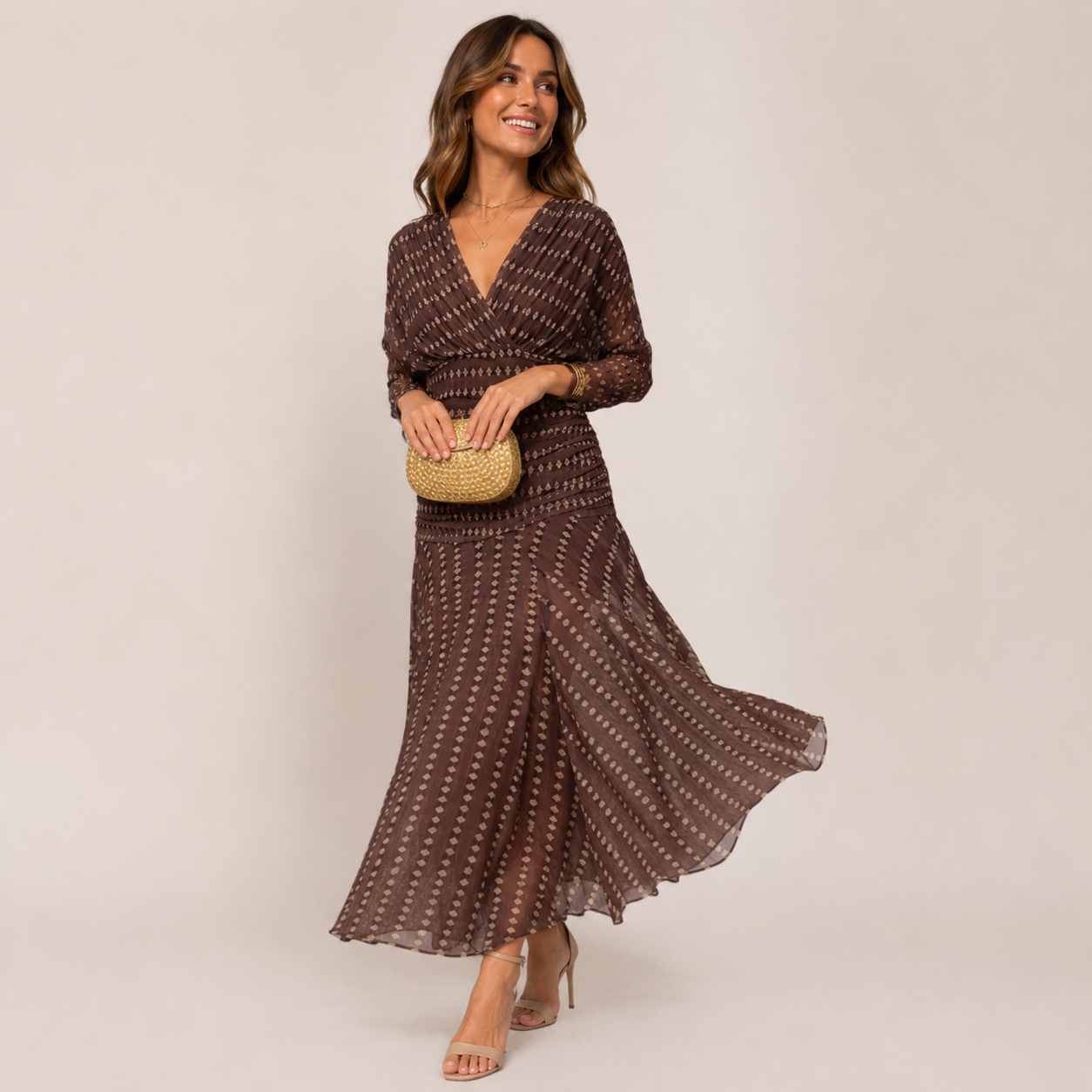 Wendy Summer Dress | V-Neck, Open Shoulder, Printed Mesh