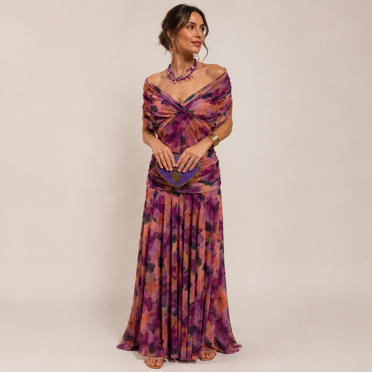 Wendy Summer Dress | V-Neck, Open Shoulder, Printed Mesh