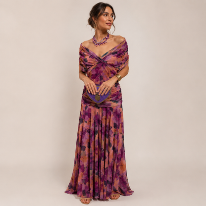 Wendy Summer Dress | V-Neck, Open Shoulder, Printed Mesh