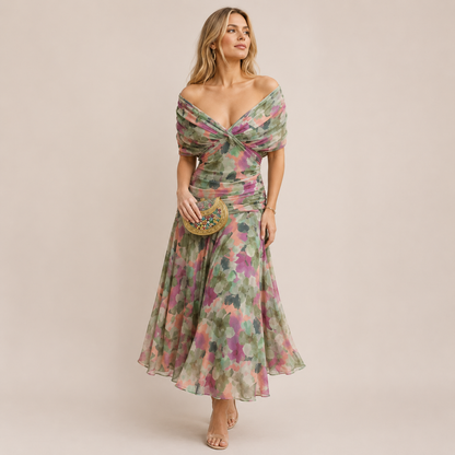 Wendy Summer Dress | V-Neck, Open Shoulder, Printed Mesh