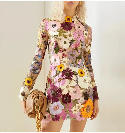 Willa Evening Gown | Floral Appliques, Long Sleeve, Lightweight Fabric 0