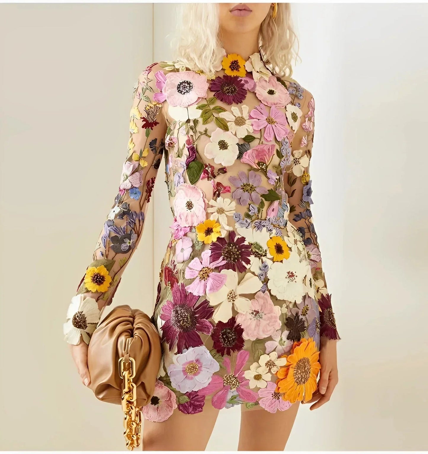 Willa Evening Gown | Floral Appliques, Long Sleeve, Lightweight Fabric 1