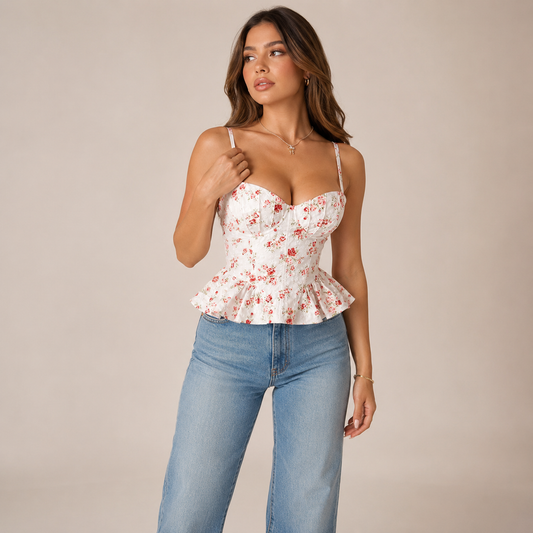 Wina Floral Corset Top | Lace-Up, Ruffle Hem