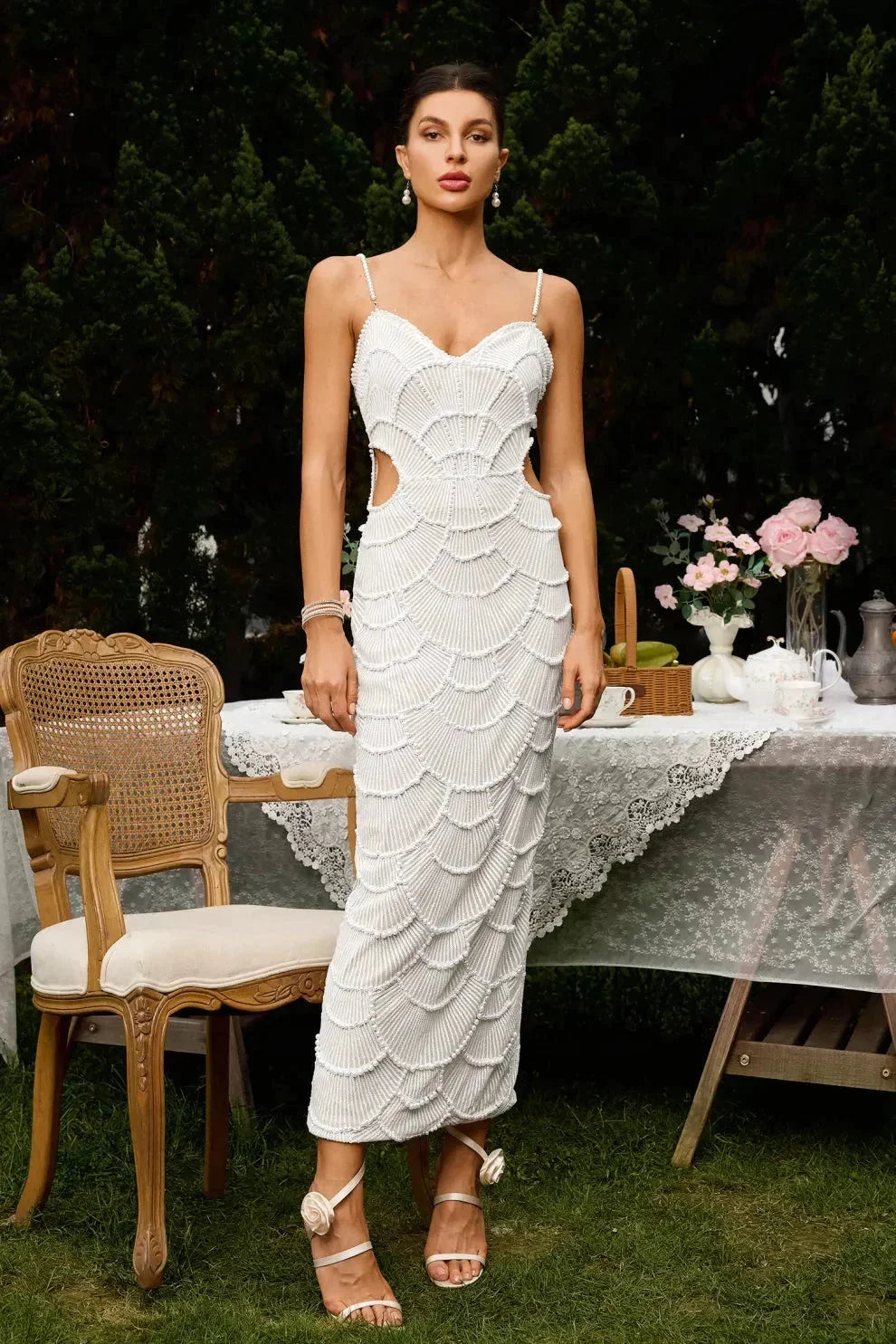Wira Evening Gown | Sequined Midi Dress with Cutouts for Formal Events 0