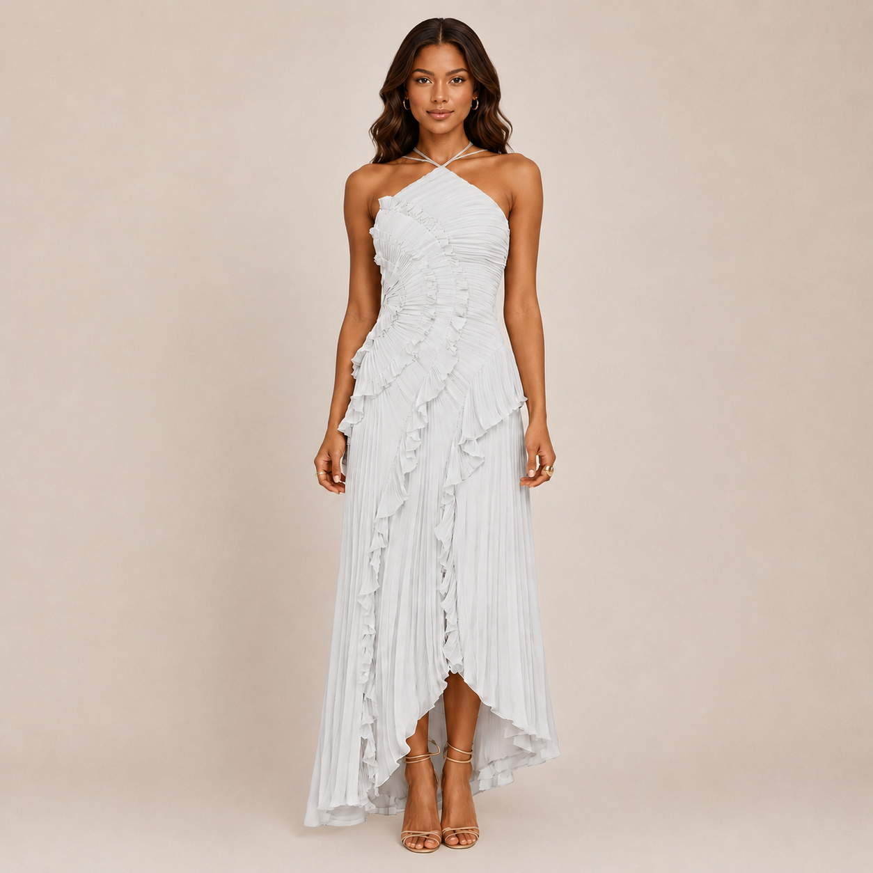 Ayla Ruffle Halter Dress | A-Line, Elegant Wedding Guest or Cocktail Dress
