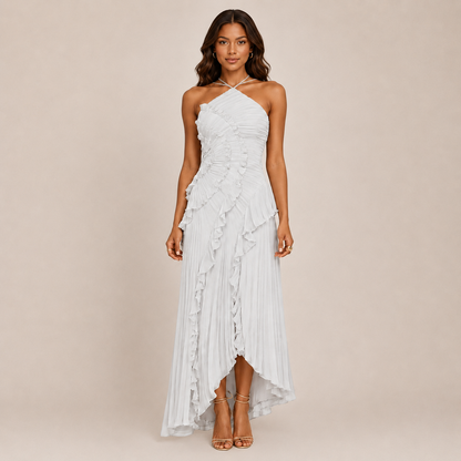 Ayla Ruffle Halter Dress | A-Line, Elegant Wedding Guest or Cocktail Dress