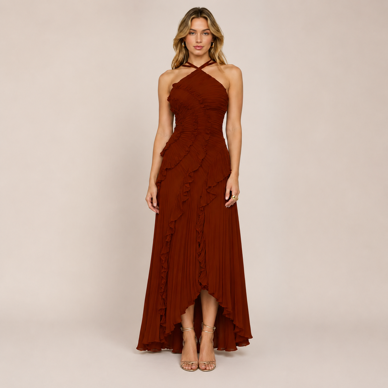 Ayla Ruffle Halter Dress | A-Line, Elegant Wedding Guest or Cocktail Dress