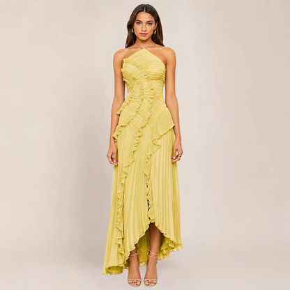 Ayla Ruffle Halter Dress | A-Line, Elegant Wedding Guest or Cocktail Dress