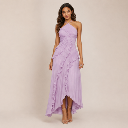 Ayla Ruffle Halter Dress | A-Line, Elegant Wedding Guest or Cocktail Dress
