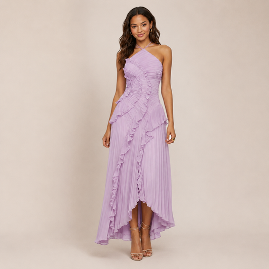 Ayla Ruffle Halter Dress | A-Line, Elegant Wedding Guest or Cocktail Dress