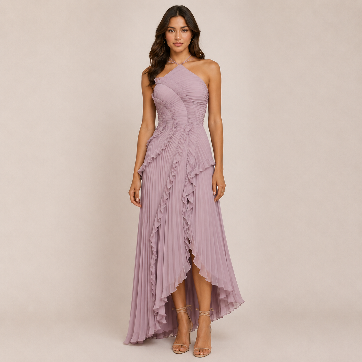 Ayla Ruffle Halter Dress | A-Line, Elegant Wedding Guest or Cocktail Dress